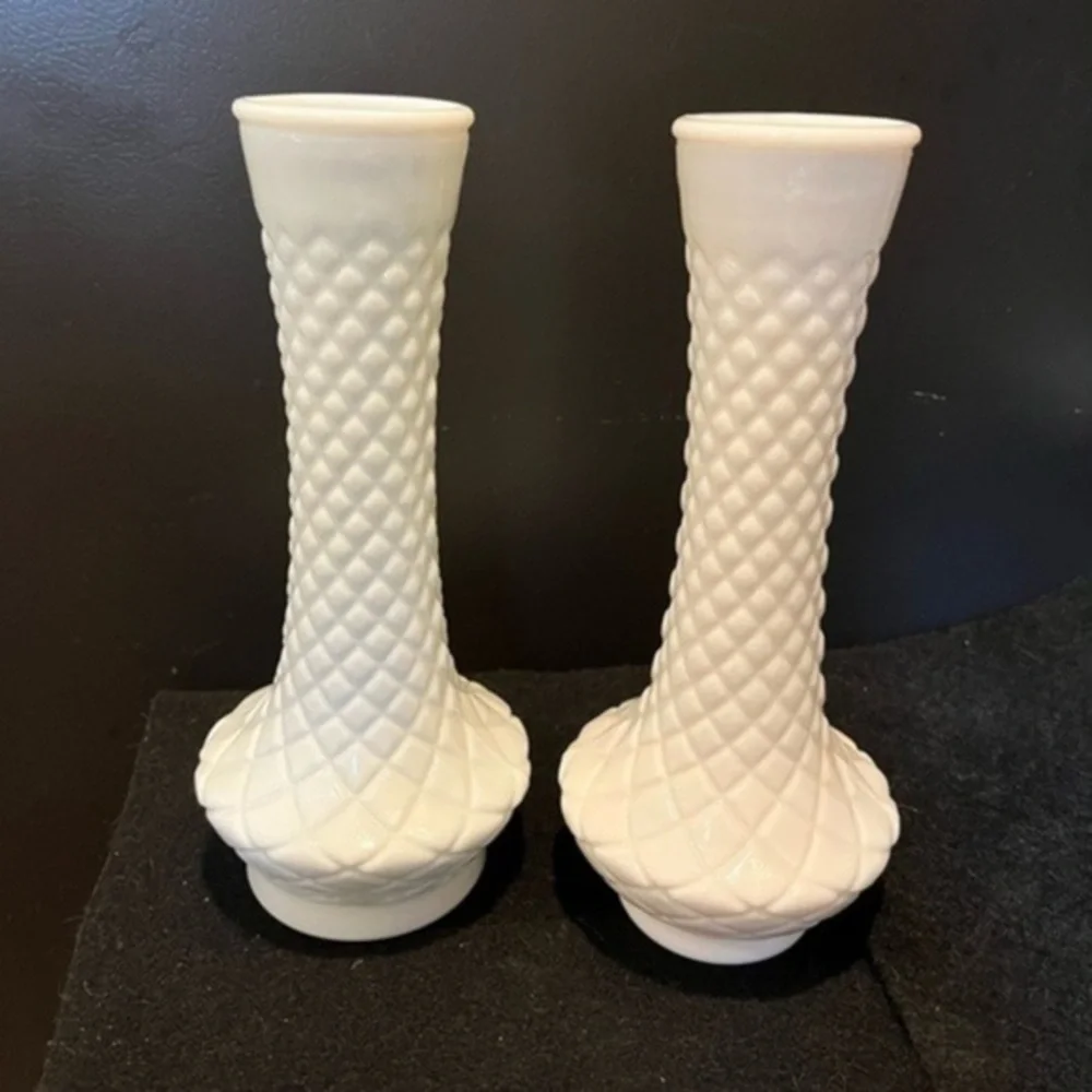 Vintage Diamond Patterned Milk Glass Vases Set of Two